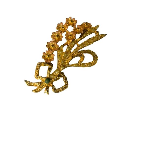 Vintage Goldtone Floral Spray Brooch 3" Pink Green Enameled - Picture 2 of 7